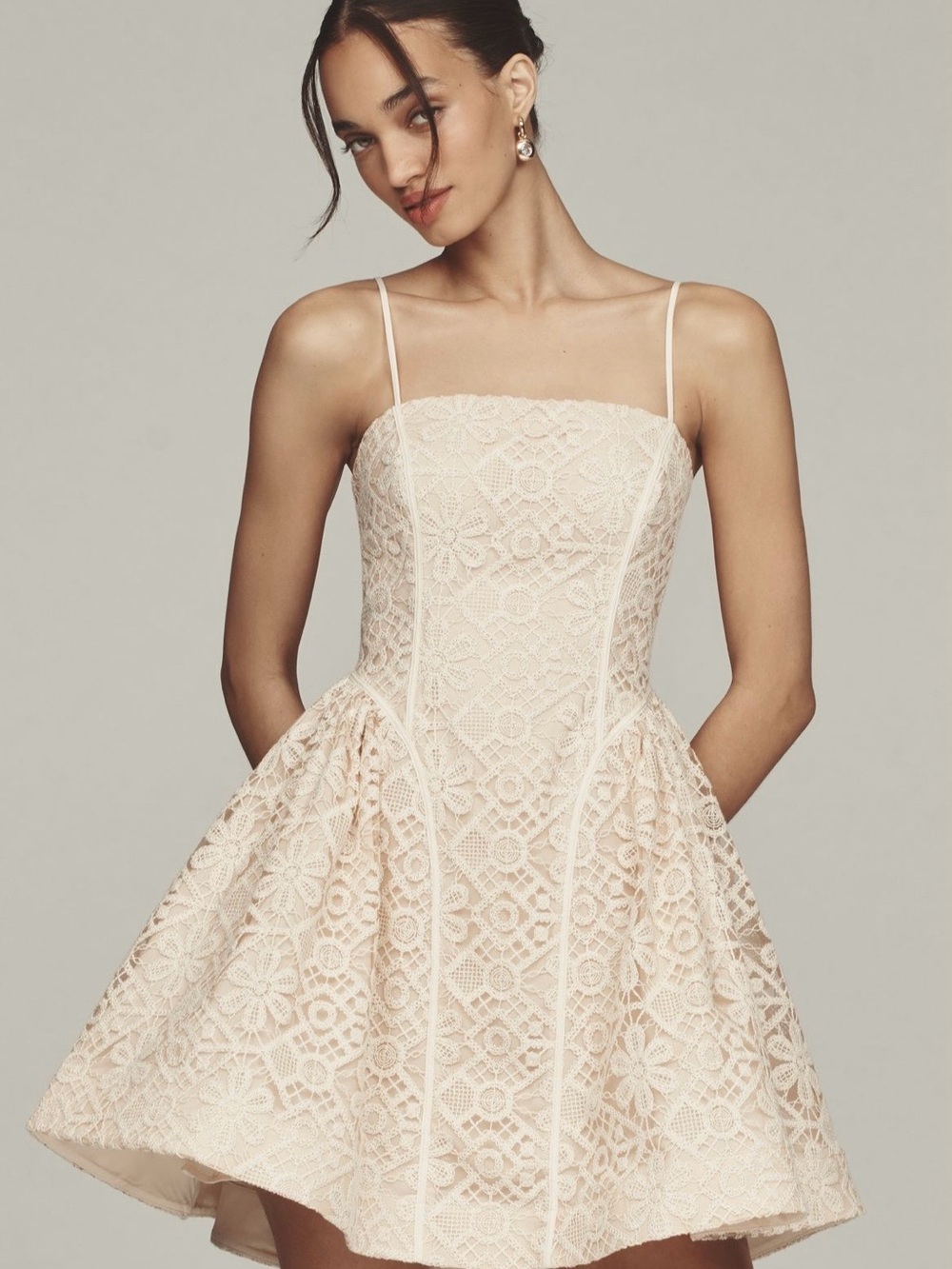 Lace Spaghetti Strap Fit-and-Flare Dress in Cream